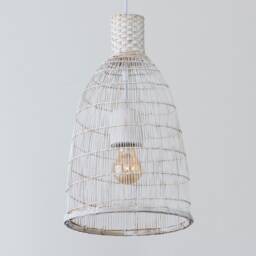 Whitewashed Bamboo Pendant Lamp, Small Rustic Woven Light - thumbnail 2