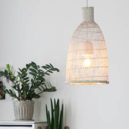 Whitewashed Bamboo Pendant Lamp, Small Rustic Woven Light - thumbnail 3