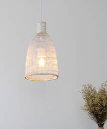 Whitewashed Bamboo Pendant Lamp, Small Rustic Woven Light - thumbnail 1