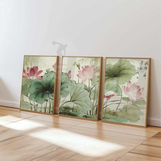 Lotus Flower Wall Art Set Of 3 - Oriental Botanical Print in Green & Pink Zen Nature Artwork Elegant Asian Decor - image 1