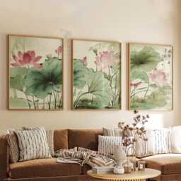 Lotus Flower Wall Art Set Of 3 - Oriental Botanical Print in Green & Pink Zen Nature Artwork Elegant Asian Decor - thumbnail 3