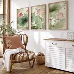 Lotus Flower Wall Art Set Of 3 - Oriental Botanical Print in Green & Pink Zen Nature Artwork Elegant Asian Decor - thumbnail 2