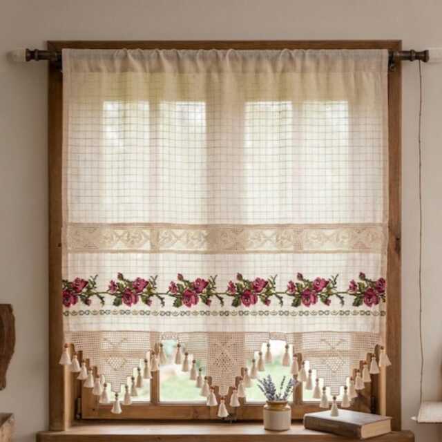 Embroidered Kitchen Curtain, Floral Crochet Panel With Tassels & Beads, Custom Size Beige Drapery, Farmhouse Lace Cafe Curtain - image 1