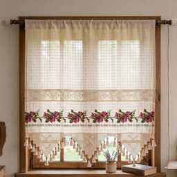 Embroidered Kitchen Curtain, Floral Crochet Panel With Tassels & Beads, Custom Size Beige Drapery, Farmhouse Lace Cafe Curtain - thumbnail 1