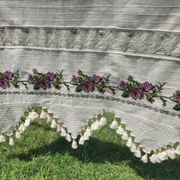 Embroidered Kitchen Curtain, Floral Crochet Panel With Tassels & Beads, Custom Size Beige Drapery, Farmhouse Lace Cafe Curtain - thumbnail 2