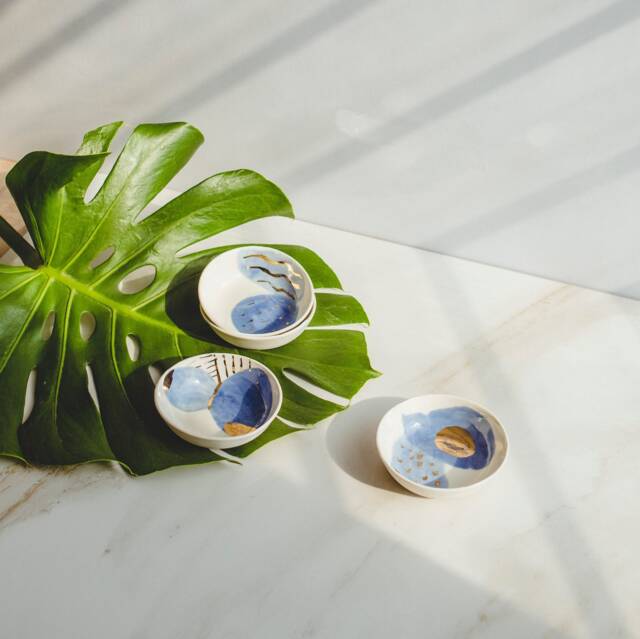 Blue & White Ceramic Ring Dish, Gold Accent Jewelry Bowl - image 1