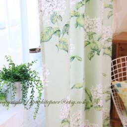 White Flower Cotton Curtain Panel, Green Leaf Design, Nursery Decor - thumbnail 3