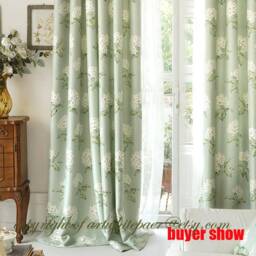 White Flower Cotton Curtain Panel, Green Leaf Design, Nursery Decor