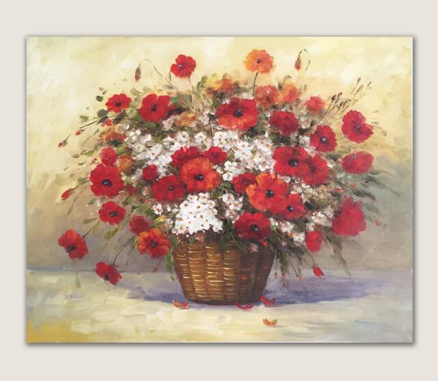 Handmade Red Floral Oil Painting, Poppies With White Flowers in Basket, Wall Decoration, Gift For Her - image 1