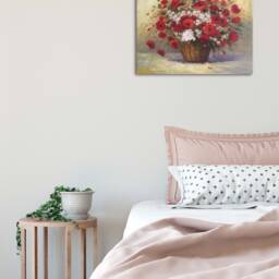 Handmade Red Floral Oil Painting, Poppies With White Flowers in Basket, Wall Decoration, Gift For Her - thumbnail 3
