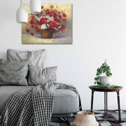 Handmade Red Floral Oil Painting, Poppies With White Flowers in Basket, Wall Decoration, Gift For Her - thumbnail 2