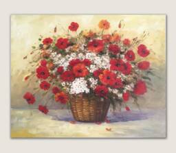 Handmade Red Floral Oil Painting, Poppies With White Flowers in Basket, Wall Decoration, Gift For Her - thumbnail 1