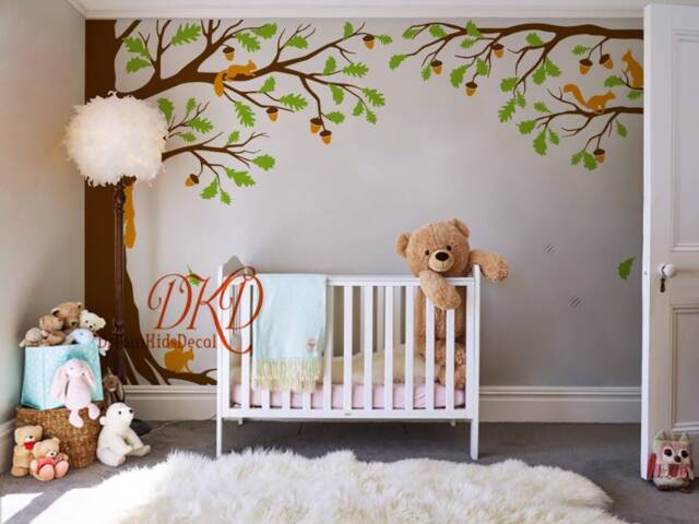 Nursery Wall Decal Sticker-Corner Tree Decal-Tree With Squirrel, Top Tree, Pine Cones, Kids Room Wall Art-Dk456 - image 1