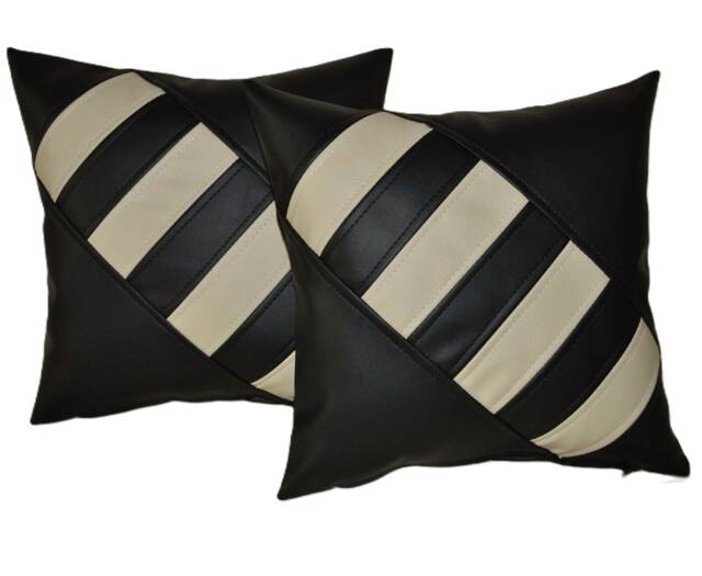 "2 Black & Cream Faux Leather Cushion Covers Diagonal Cross 16"" 18" - image 1