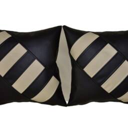 "2 Black & Cream Faux Leather Cushion Covers Diagonal Cross 16"" 18" - thumbnail 2