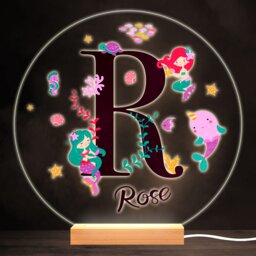 Sealife With Mermaids Alphabet Letter R Round Personalised Gift Lamp Night Light - Bedroom
