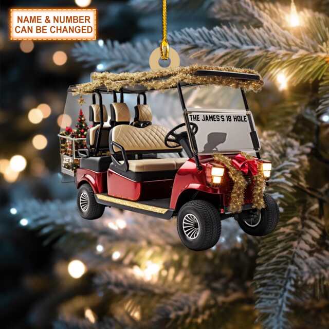 Custom Name & Number Golf Cart Personalized Christmas Ornament, Tree Hanging Decor, Flat 2D Ornament Acrylic/ Wooden - image 1