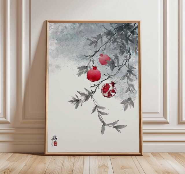 Japanese Pomegranate Print, Watercolor Botanical Wall Art, Asian Fruit Poster - image 1