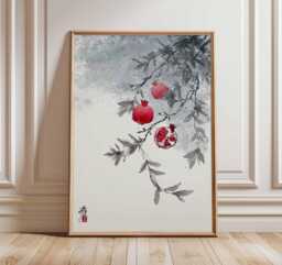 Japanese Pomegranate Print, Watercolor Botanical Wall Art, Asian Fruit Poster - thumbnail 1