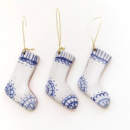 Handmade Ceramic Stocking Ornament Blue Coastal Christmas Decor - thumbnail 2
