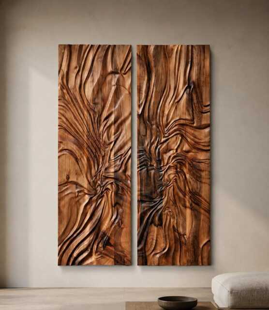 Large Size Wood Sculpture, Us Delivery Duty Paid, Wall Art, Modern Organic Relief Dagna 2 Diptych, Statement Art - image 1