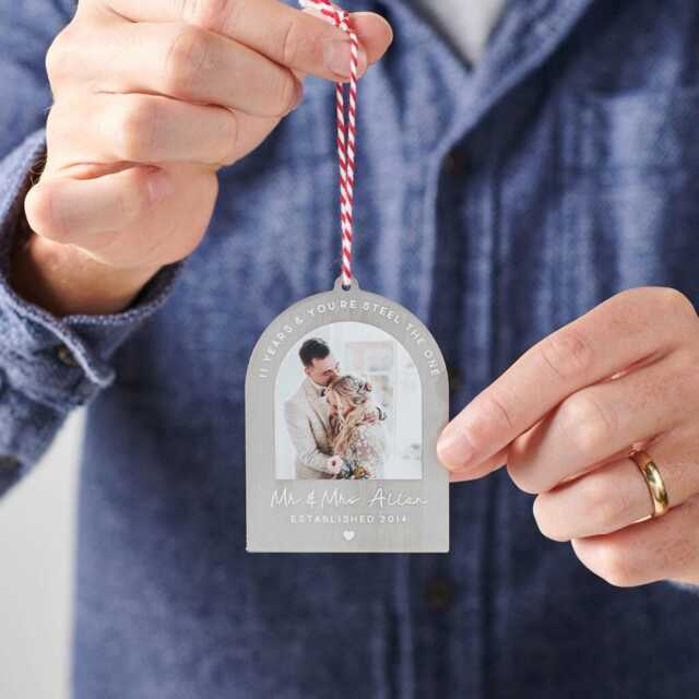 Personalised Eleven Year Anniversary Steel Photo Christmas Decoration, Couples Keepsake, Bauble, Gift For Wife & Husband - image 1
