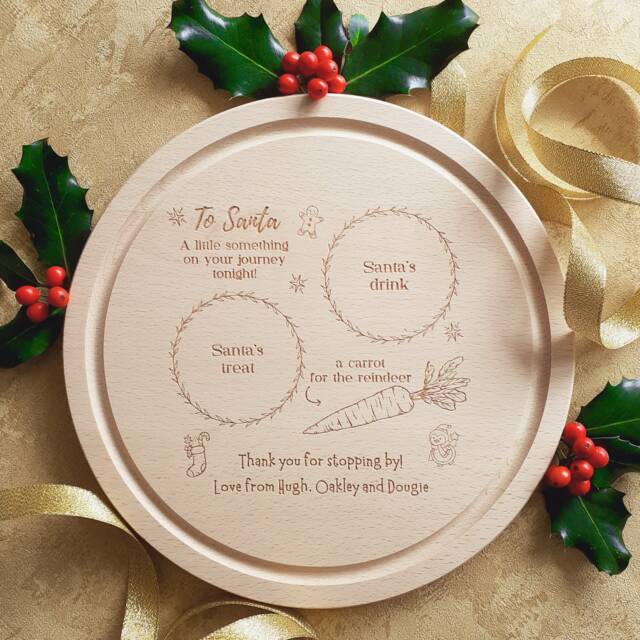 Personalised Santa Plate, Handcrafted Round Christmas Eve Treat Board, Engraved Beech Wood, Custom Message, Festive Holiday Keepsake - image 1