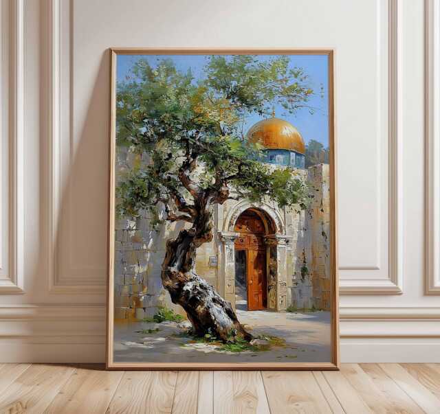 Jerusalem Olive Tree Poster, Middle Eastern Architecture Wall Art, Historic City Landscape Painting, Golden Dome Decor, Travel Art Print - image 1