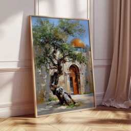 Jerusalem Olive Tree Poster, Middle Eastern Architecture Wall Art, Historic City Landscape Painting, Golden Dome Decor, Travel Art Print - thumbnail 2