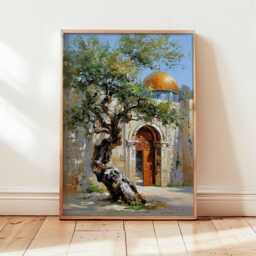 Jerusalem Olive Tree Poster, Middle Eastern Architecture Wall Art, Historic City Landscape Painting, Golden Dome Decor, Travel Art Print - thumbnail 3