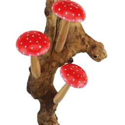 Wall-Hanging Red Spotted Mushroom Trio On Teak Root Base - thumbnail 4