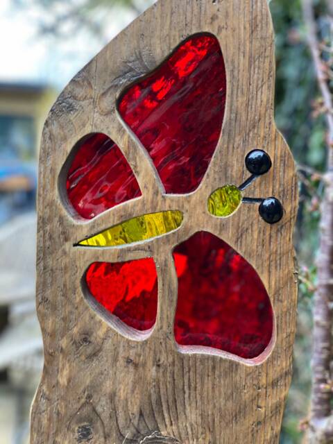 Red Butterfly Garden Sculpture - Personalised Memorial Gift- Reclaimed Wood & Stained Glass - image 1