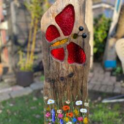 Red Butterfly Garden Sculpture - Personalised Memorial Gift- Reclaimed Wood & Stained Glass - thumbnail 2