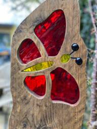 Red Butterfly Garden Sculpture - Personalised Memorial Gift- Reclaimed Wood & Stained Glass