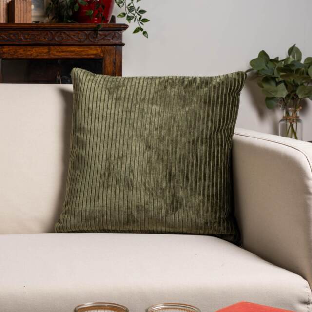 Velvet Jumbo Corduroy Cushion Cover in Olive Green. Modern Striped, Supersoft Chenille. 17x17 - image 1