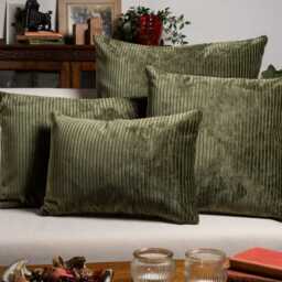 Velvet Jumbo Corduroy Cushion Cover in Olive Green. Modern Striped, Supersoft Chenille. 17x17 - thumbnail 3