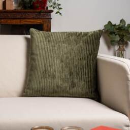 Velvet Jumbo Corduroy Cushion Cover in Olive Green. Modern Striped, Supersoft Chenille. 17x17