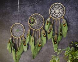 Boho Dream Catchers Set. Bohemian Bedroom Dreamcatcher Decor. Green Catcher Wall Hanging - thumbnail 1