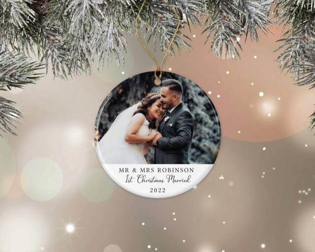 First Christmas Married Tree Decoration - Personalised Ornament Ceramic Bauble Keepsake Gift Mr & Mrs Newly Weds Just - image 1