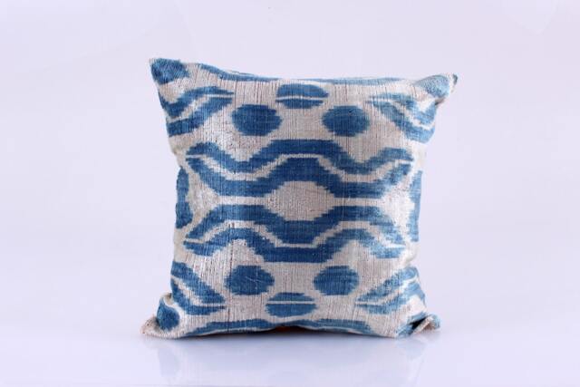 Ikat Velvet Pillow Cover, Uzbek Ikat, Grey Blue Pillow, Decorative Throw Cover Accent 16''x16''inches - image 1