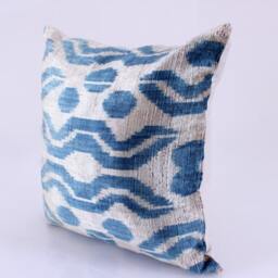 Ikat Velvet Pillow Cover, Uzbek Ikat, Grey Blue Pillow, Decorative Throw Cover Accent 16''x16''inches - thumbnail 3