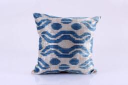 Ikat Velvet Pillow Cover, Uzbek Ikat, Grey Blue Pillow, Decorative Throw Cover Accent 16''x16''inches - thumbnail 1