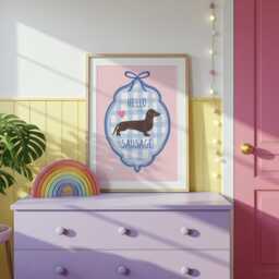 Children's Bedroom Print - Hello Sausage A Cute Sausage Dog in A Hand Drawn Style Frame This Listing Is For The Pink Background - thumbnail 2