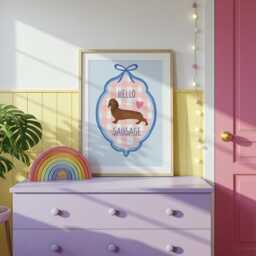 Children's Bedroom Print - Hello Sausage A Cute Sausage Dog in A Hand Drawn Style Frame This Listing Is For The Pink Background - thumbnail 3