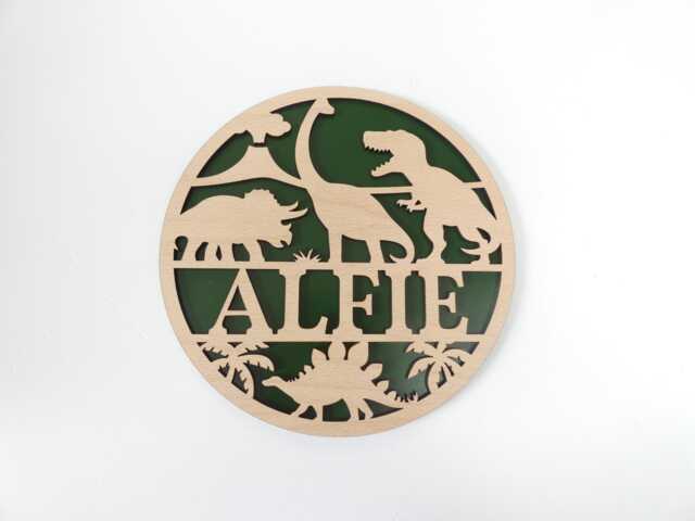 Personalized Dinosaur Sign - Nursery Wall Decor Wooden Name Bedroom Playroom - image 1
