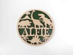 Personalized Dinosaur Sign - Nursery Wall Decor Wooden Name Bedroom Playroom - thumbnail 1