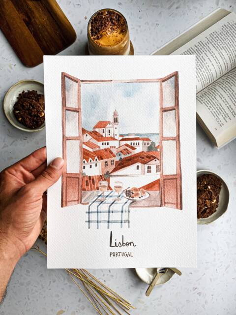 Handmade Lisbon Rooftop Watercolor Print Portugal Wall Art - image 1