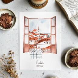 Handmade Lisbon Rooftop Watercolor Print Portugal Wall Art - thumbnail 2