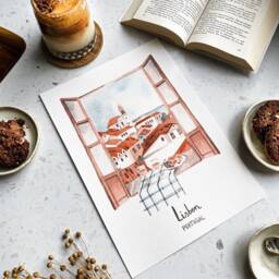 Handmade Lisbon Rooftop Watercolor Print Portugal Wall Art - thumbnail 3