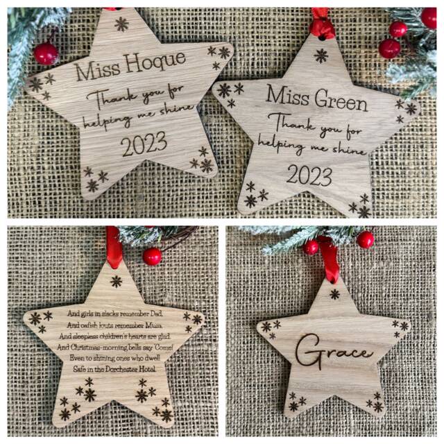 Personalised Christmas Star Ornament - Engraved Wood, Custom Message - image 1
